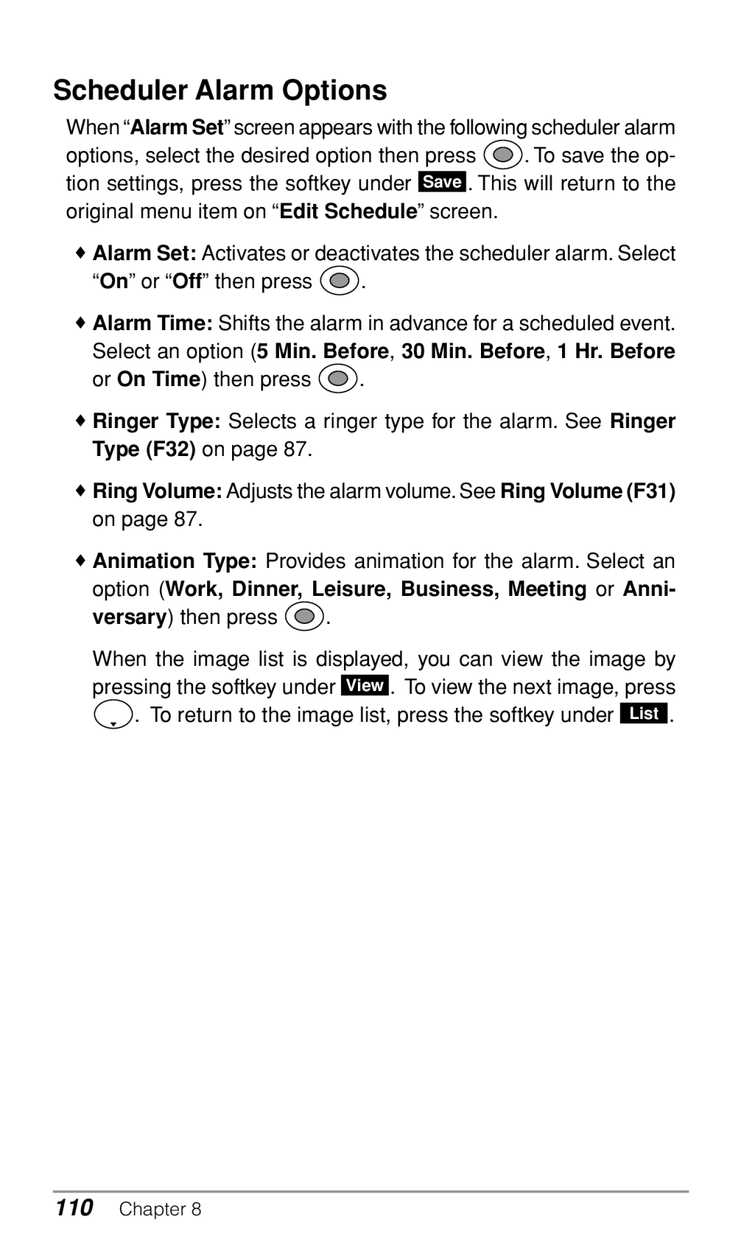 Audiovox CDM-9500 owner manual Scheduler Alarm Options, Option Work, Dinner, Leisure, Business, Meeting or Anni 