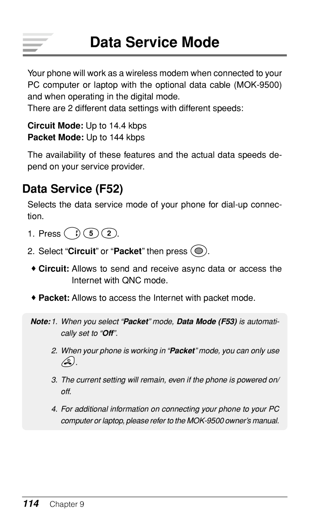 Audiovox CDM-9500 owner manual Data Service Mode, Data Service F52 