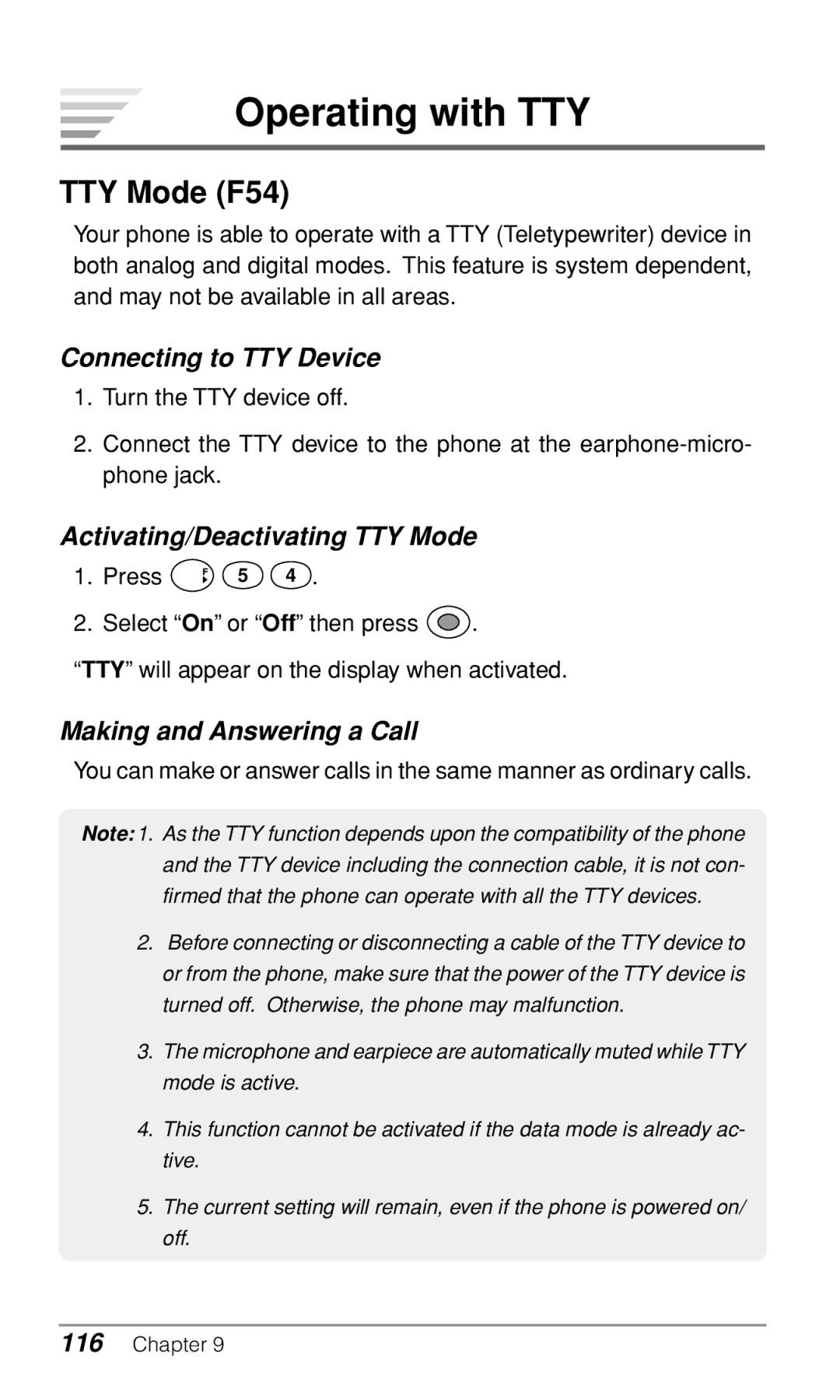 Audiovox CDM-9500 owner manual Operating with TTY, TTY Mode F54, Connecting to TTY Device, Activating/Deactivating TTY Mode 