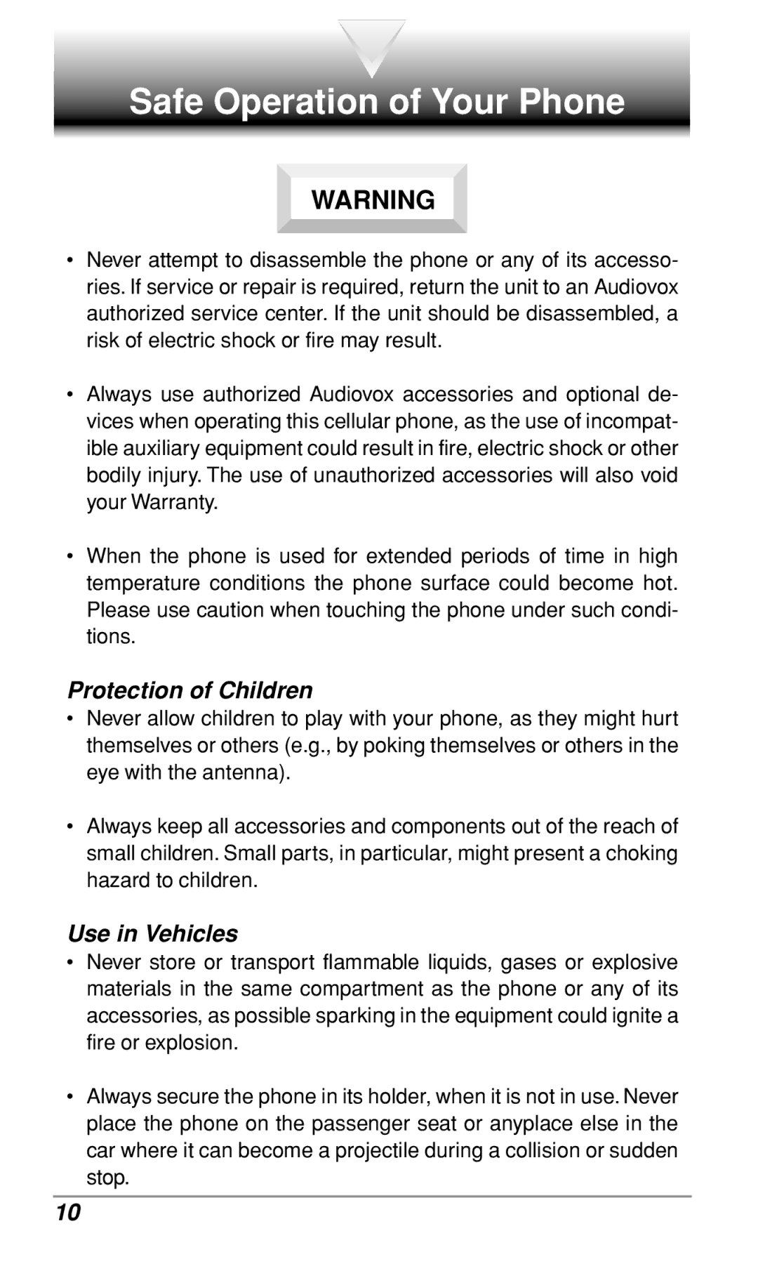 Audiovox CDM-9500 owner manual Protection of Children, Use in Vehicles 