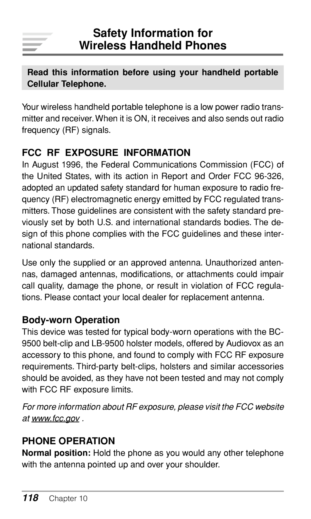 Audiovox CDM-9500 owner manual Safety Information for Wireless Handheld Phones, FCC RF Exposure Information 