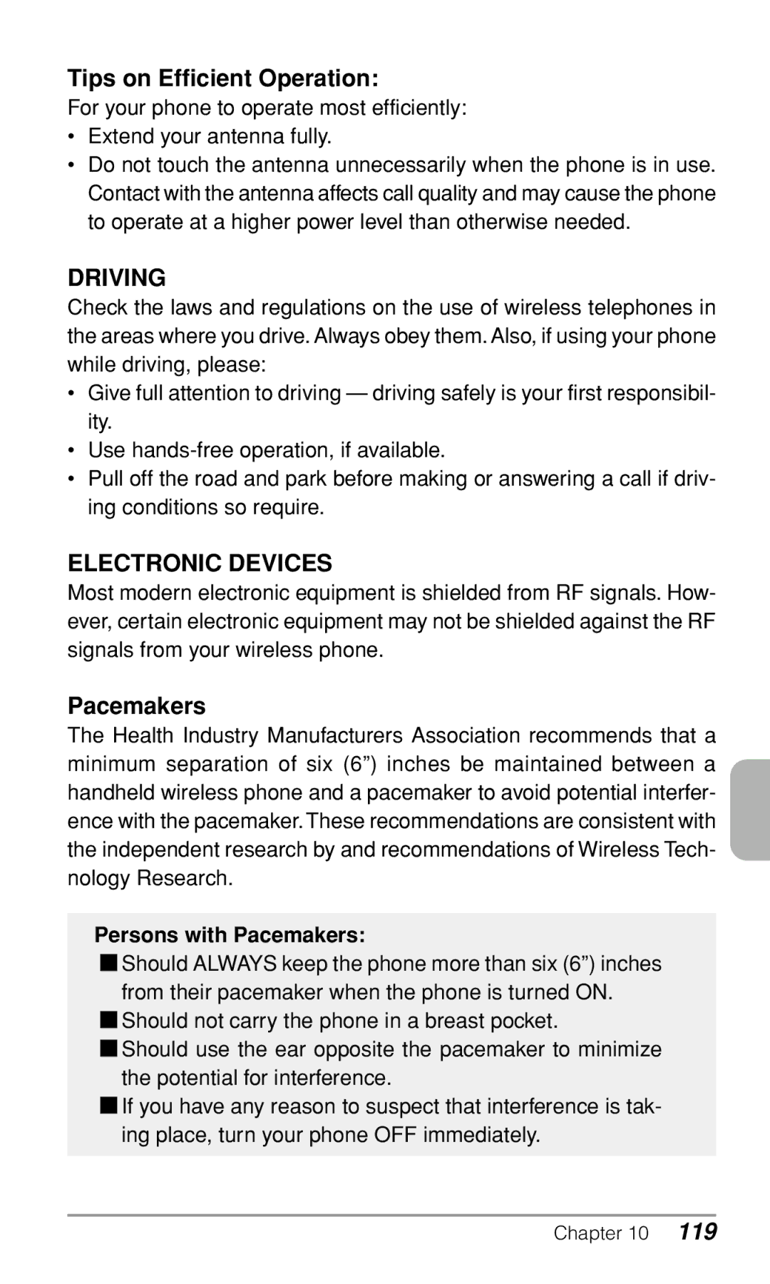 Audiovox CDM-9500 owner manual Tips on Efficient Operation, Persons with Pacemakers 