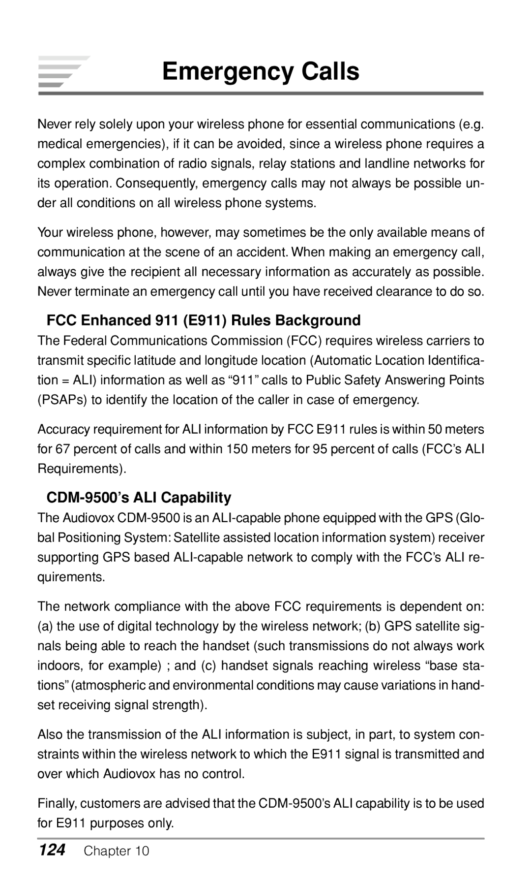 Audiovox owner manual Emergency Calls, FCC Enhanced 911 E911 Rules Background, CDM-9500’s ALI Capability 