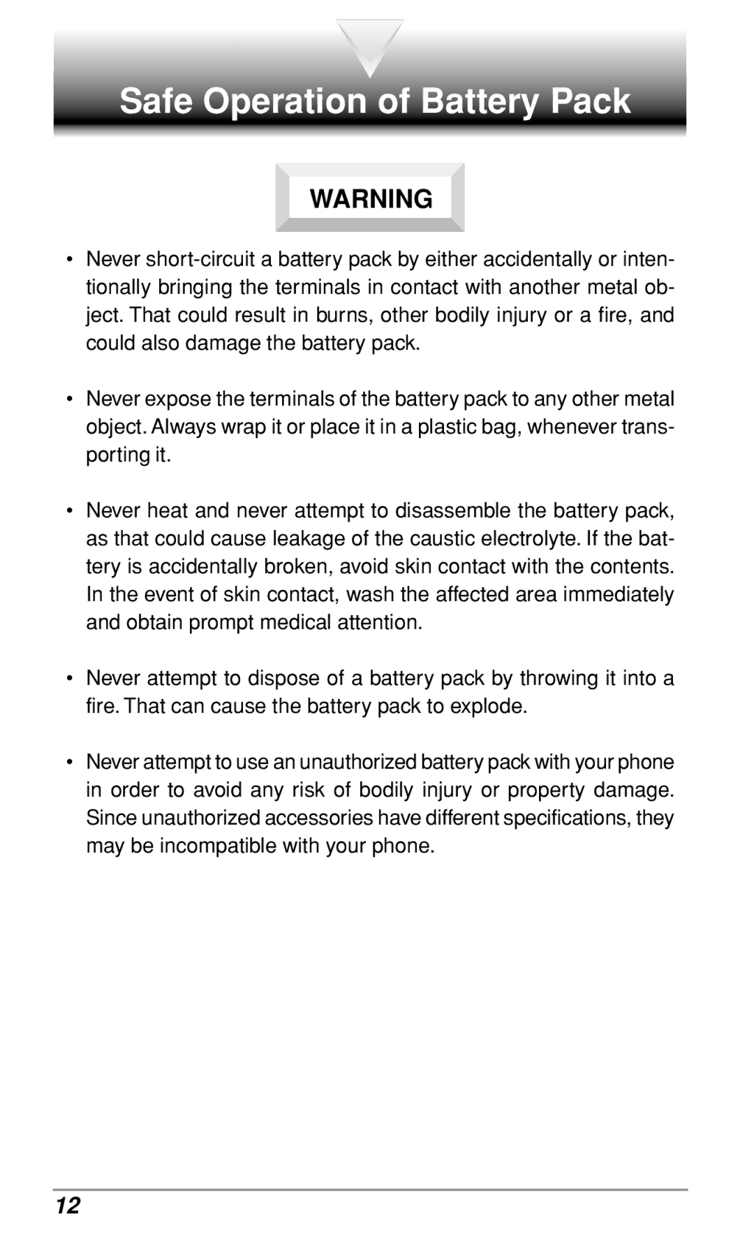 Audiovox CDM-9500 owner manual Safe Operation of Battery Pack 