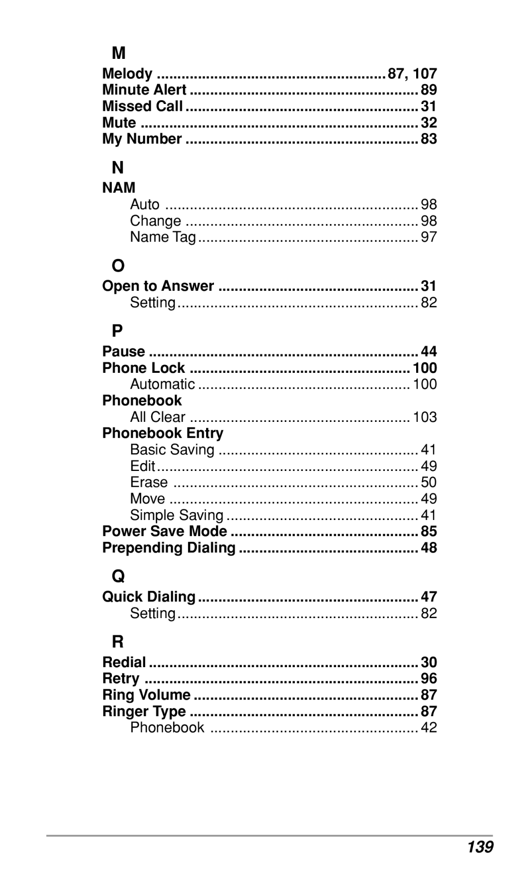 Audiovox CDM-9500 owner manual 139, Melody, Phone Lock 100, Phonebook Entry 