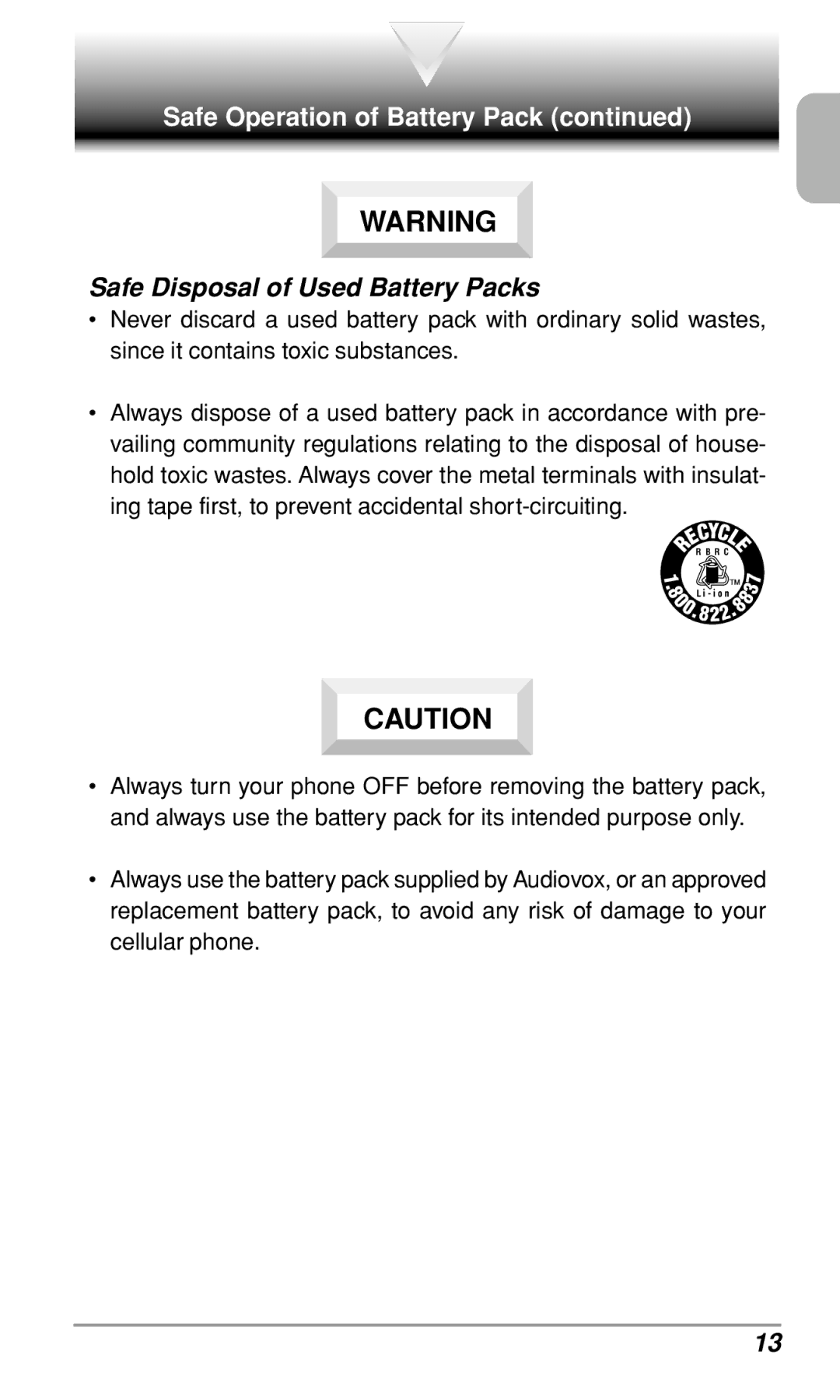 Audiovox CDM-9500 owner manual Safe Disposal of Used Battery Packs 