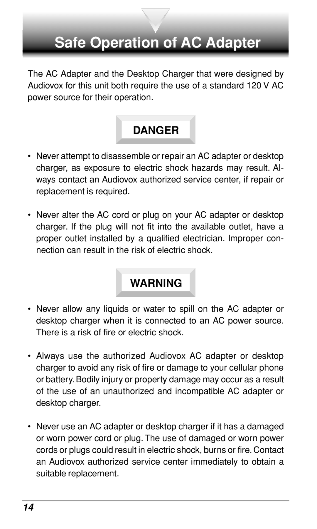 Audiovox CDM-9500 owner manual Safe Operation of AC Adapter 