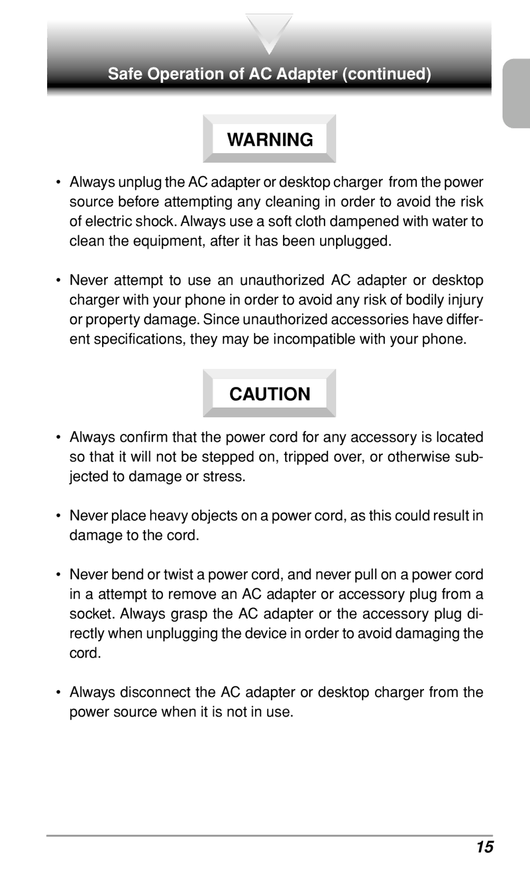 Audiovox CDM-9500 owner manual Safe Operation of AC Adapter 