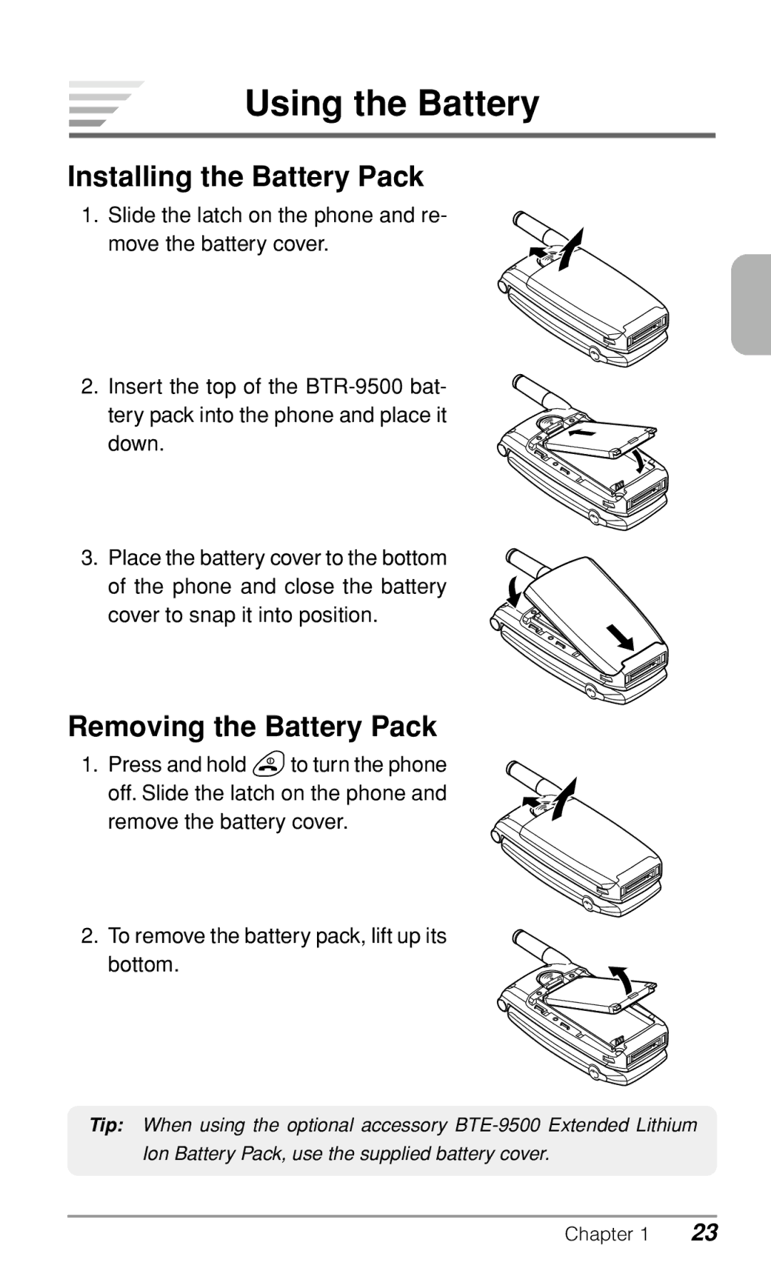 Audiovox CDM-9500 owner manual Using the Battery, Installing the Battery Pack, Removing the Battery Pack 