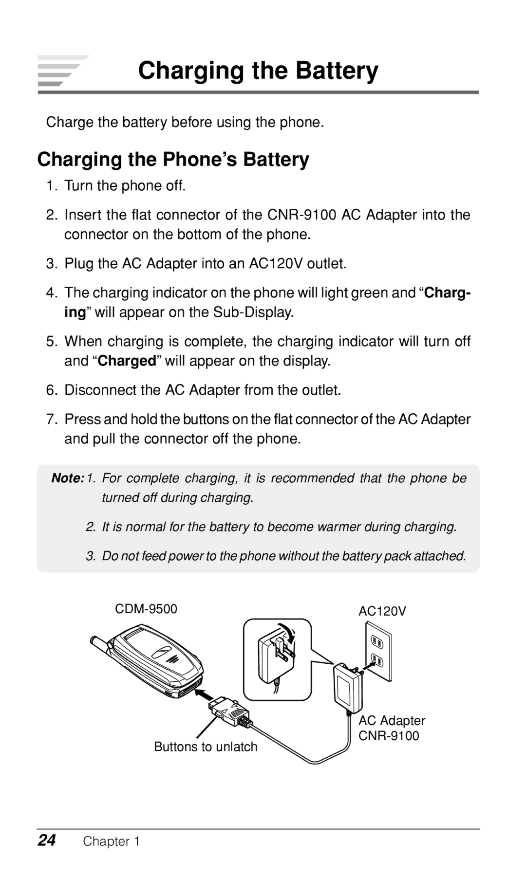 Audiovox CDM-9500 owner manual Charging the Battery, Charging the Phone’s Battery 