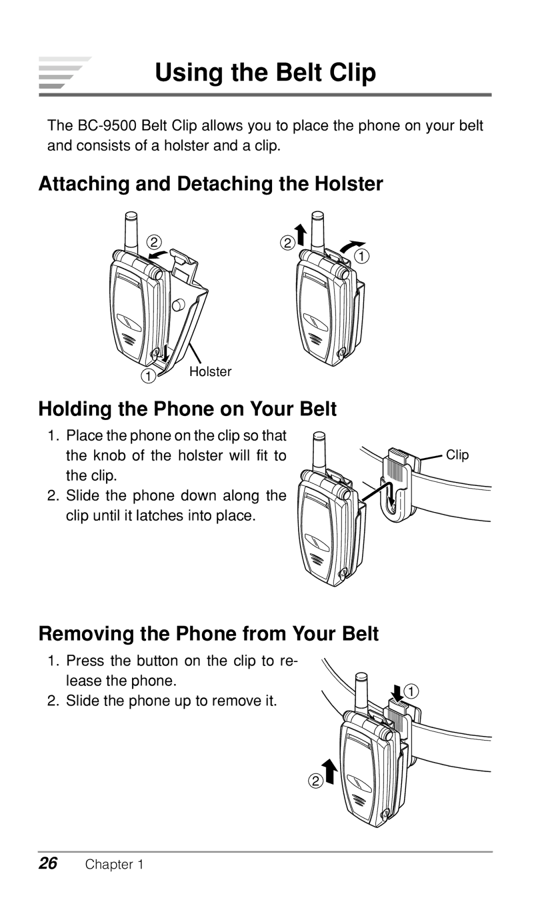 Audiovox CDM-9500 owner manual Using the Belt Clip, Attaching and Detaching the Holster, Holding the Phone on Your Belt 