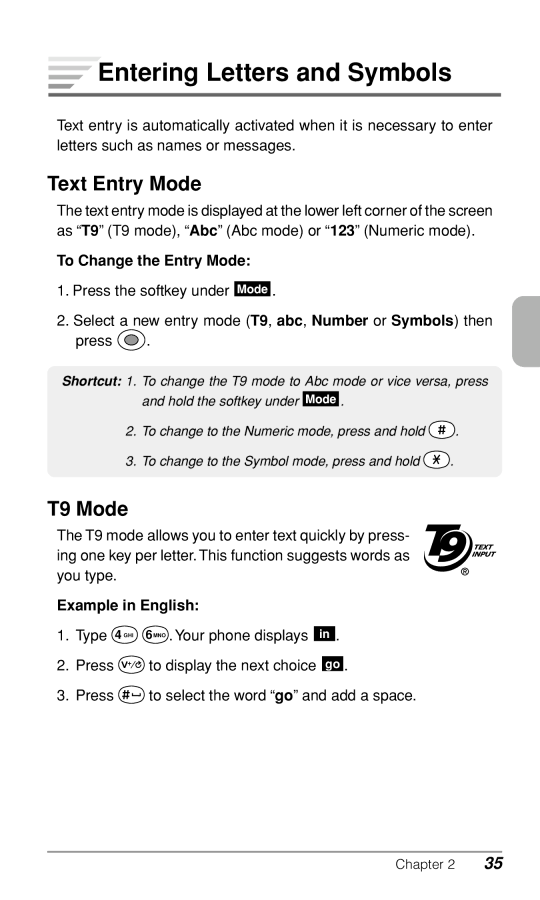 Audiovox CDM-9500 Entering Letters and Symbols, Text Entry Mode, T9 Mode, To Change the Entry Mode, Example in English 