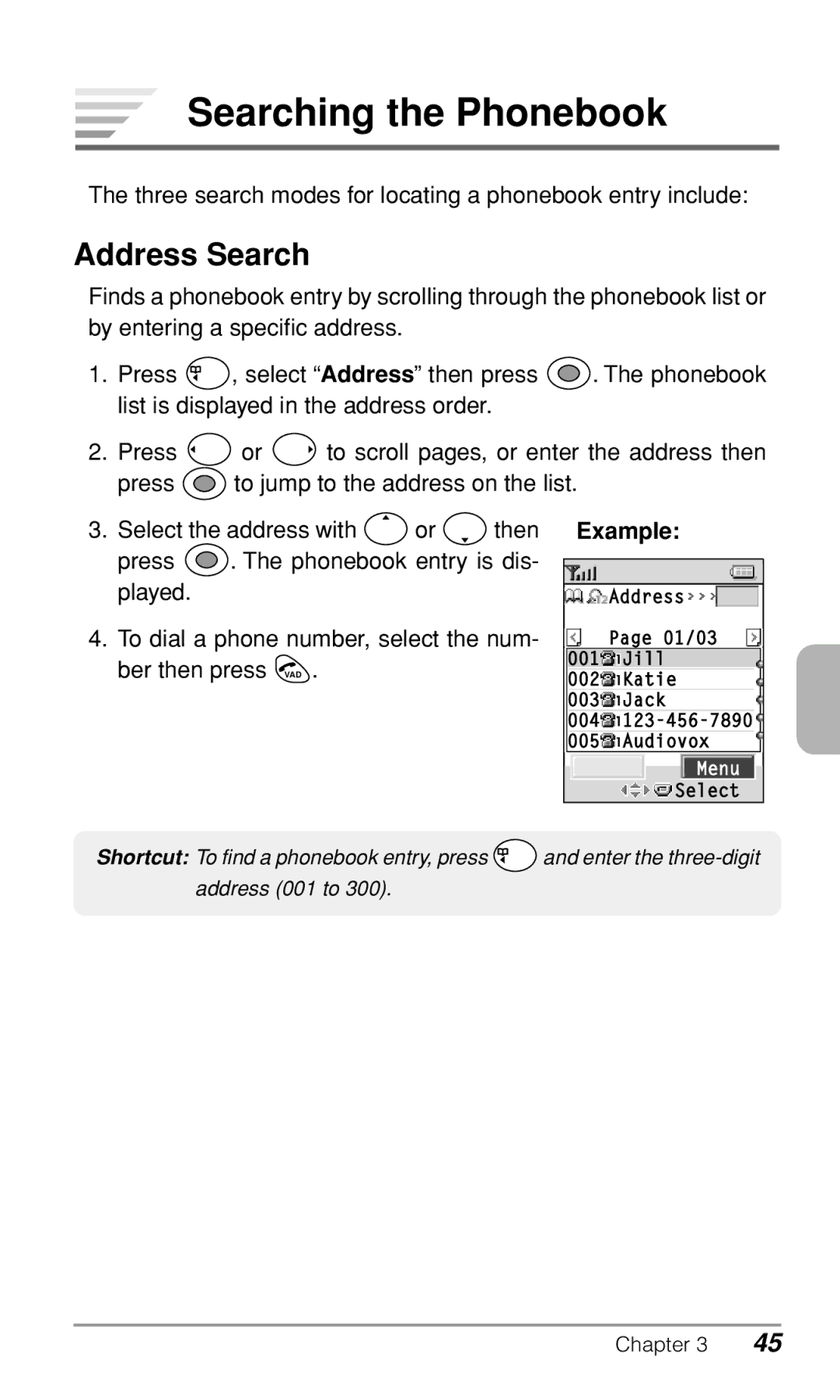 Audiovox CDM-9500 owner manual Searching the Phonebook, Address Search 