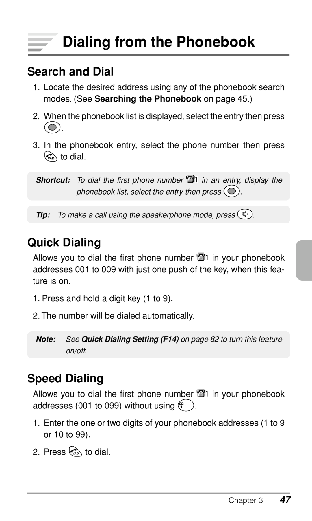 Audiovox CDM-9500 owner manual Dialing from the Phonebook, Search and Dial, Quick Dialing, Speed Dialing 