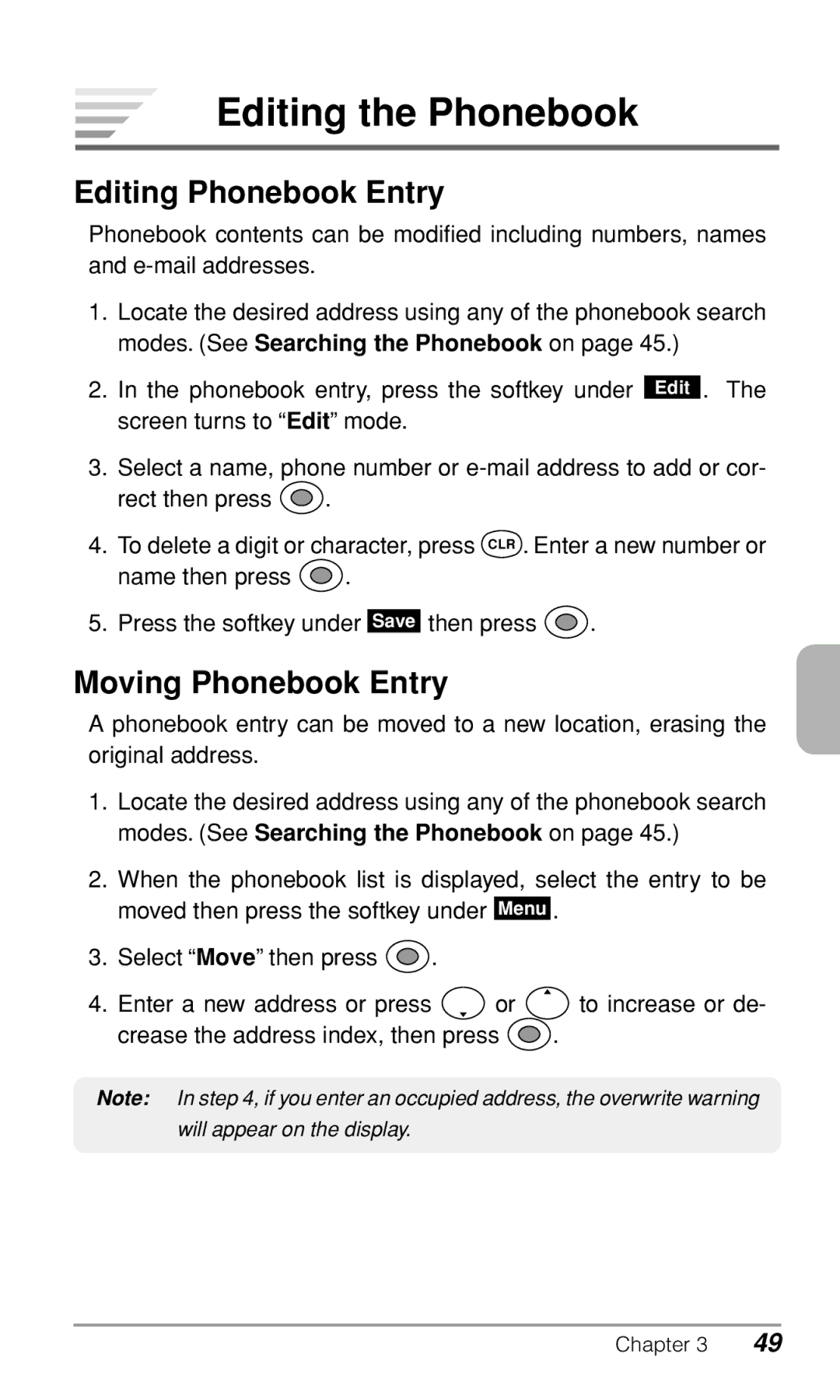 Audiovox CDM-9500 owner manual Editing the Phonebook, Editing Phonebook Entry, Moving Phonebook Entry 