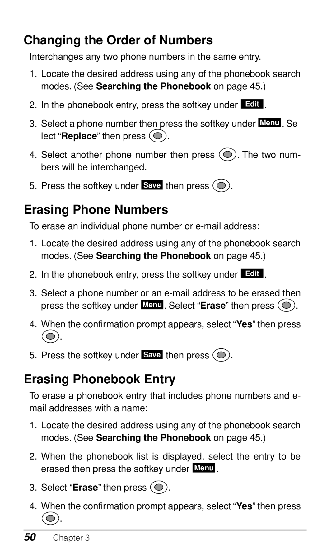 Audiovox CDM-9500 owner manual Changing the Order of Numbers, Erasing Phone Numbers, Erasing Phonebook Entry 