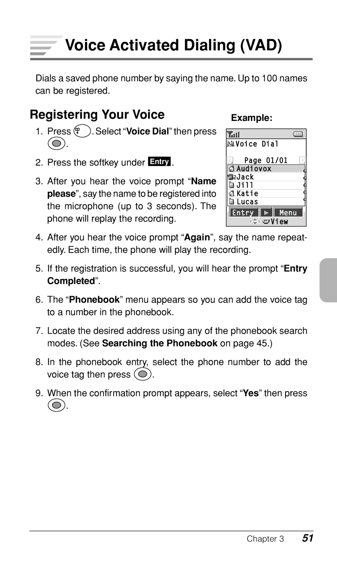 Audiovox CDM-9500 owner manual Voice Activated Dialing VAD, Registering Your Voice 