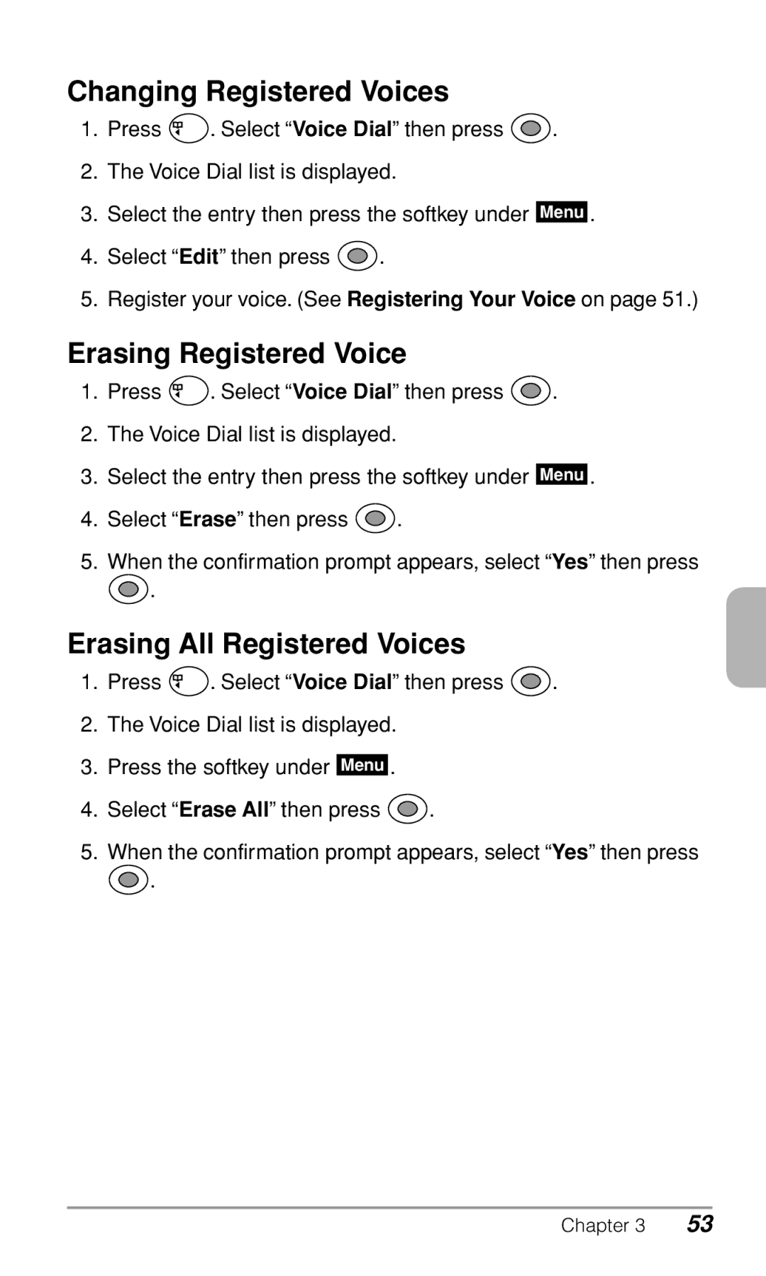 Audiovox CDM-9500 owner manual Changing Registered Voices, Erasing Registered Voice, Erasing All Registered Voices 