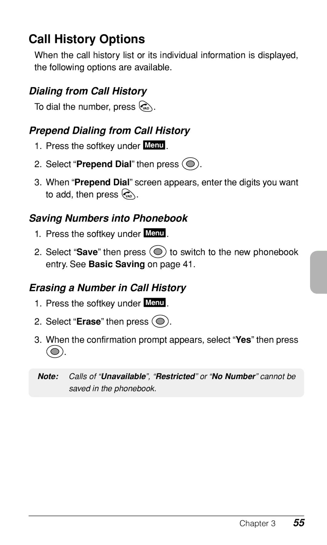 Audiovox CDM-9500 owner manual Call History Options, Prepend Dialing from Call History, Saving Numbers into Phonebook 