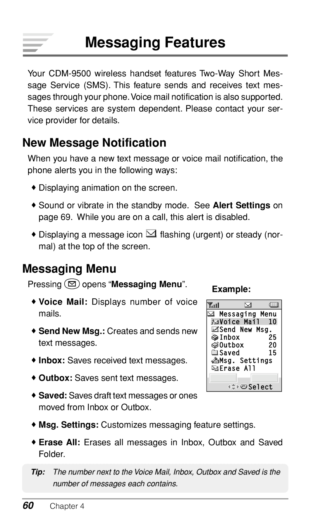 Audiovox CDM-9500 owner manual Messaging Features, New Message Notification, Messaging Menu 