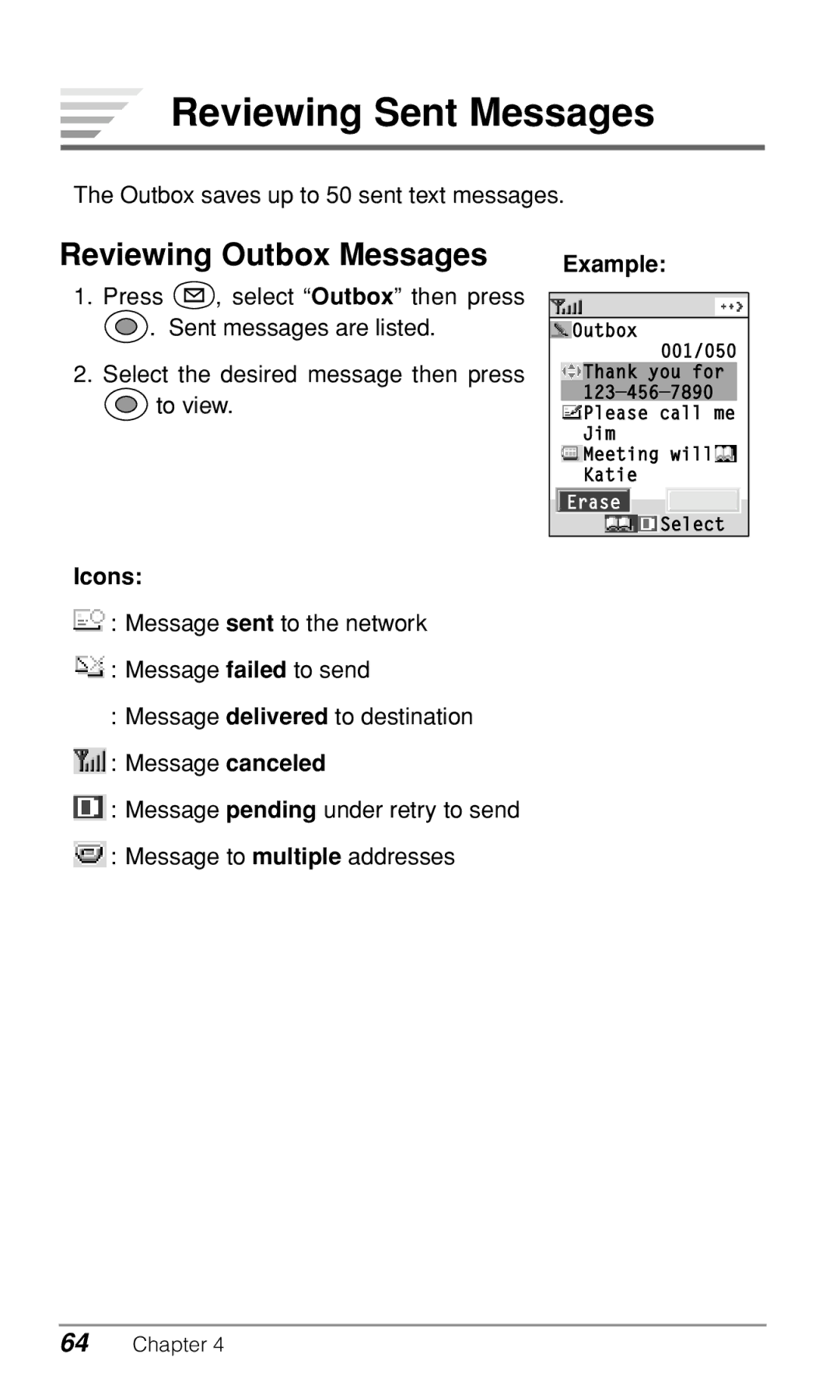 Audiovox CDM-9500 owner manual Reviewing Sent Messages, Reviewing Outbox Messages, Icons 