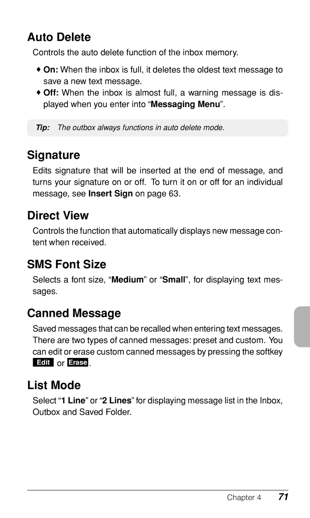 Audiovox CDM-9500 owner manual Auto Delete, Signature, Direct View, SMS Font Size, Canned Message, List Mode 