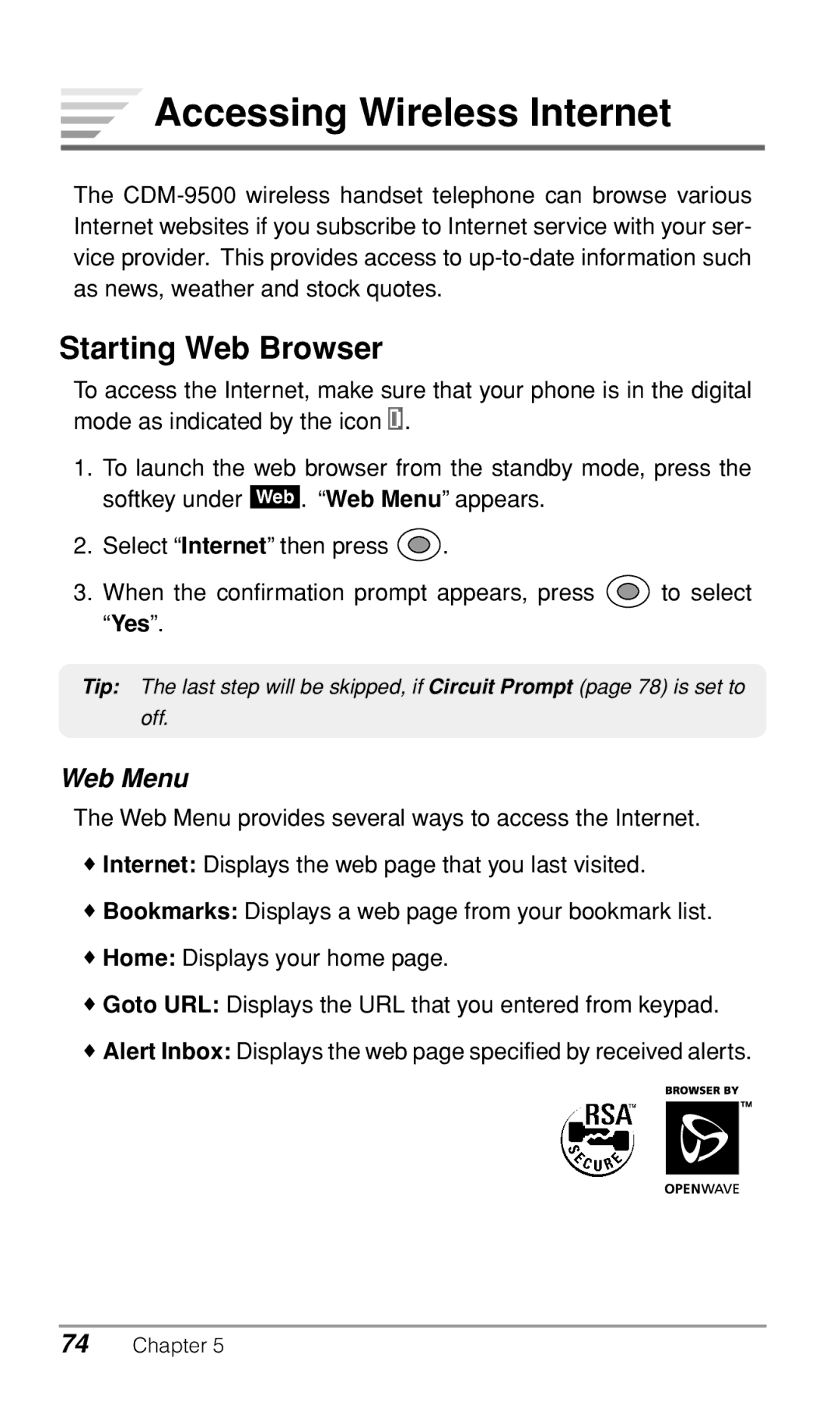 Audiovox CDM-9500 owner manual Accessing Wireless Internet, Starting Web Browser, Web Menu 