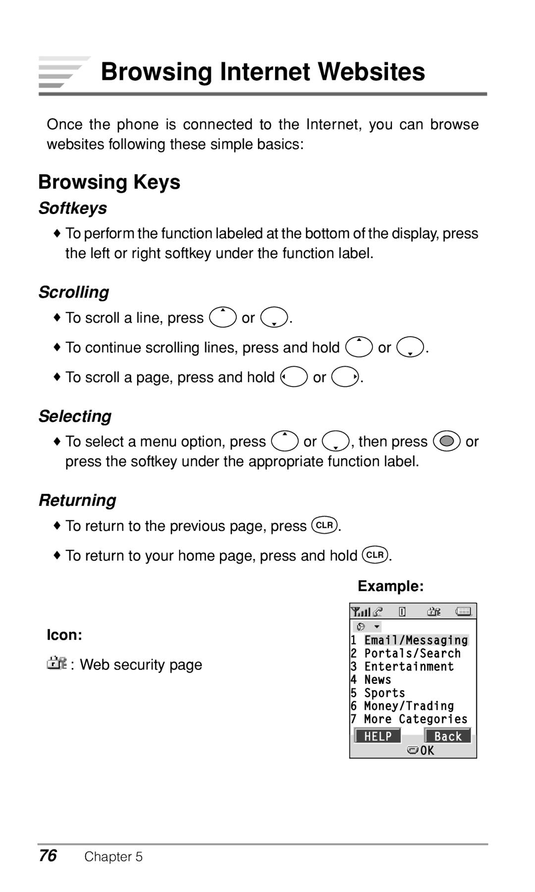 Audiovox CDM-9500 owner manual Browsing Internet Websites, Browsing Keys 