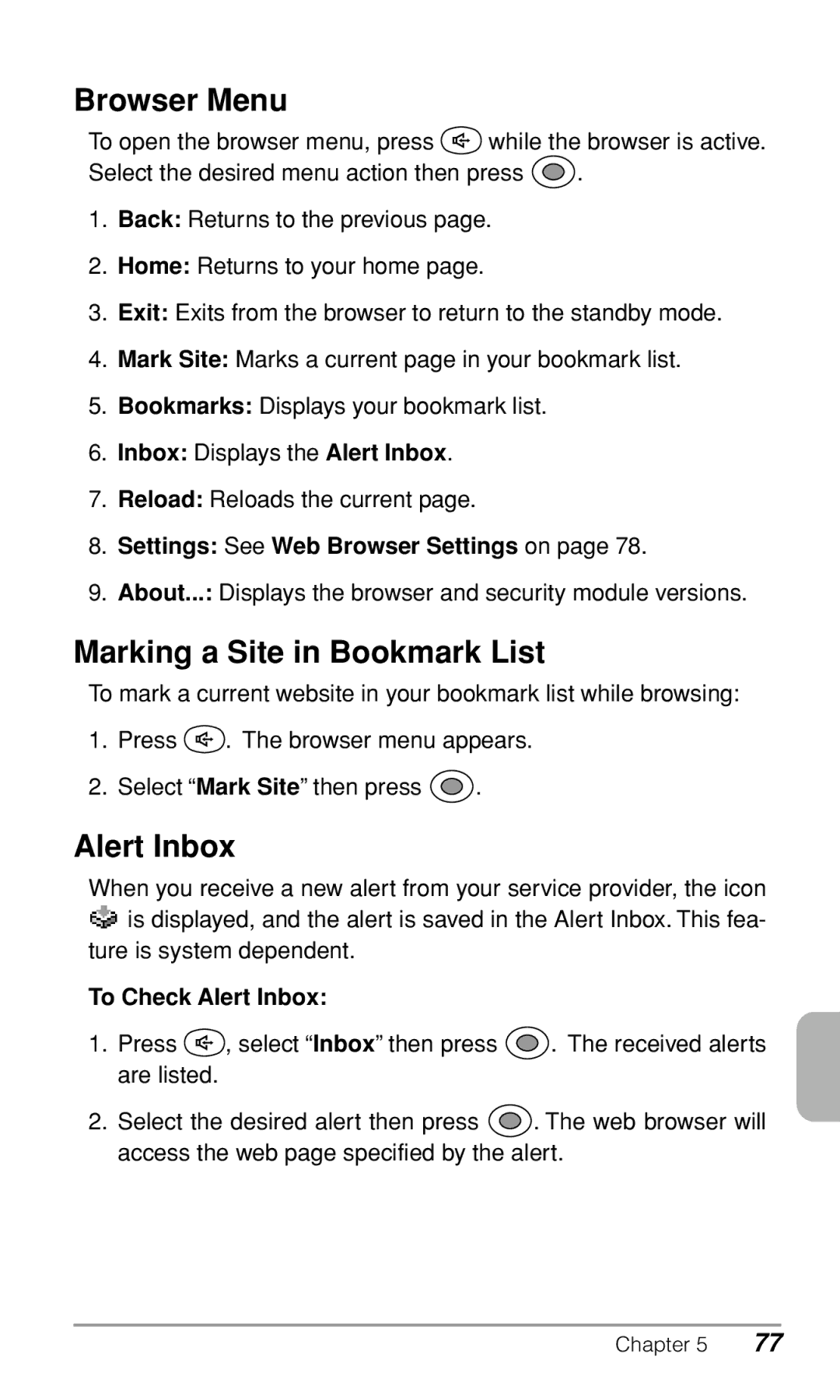 Audiovox CDM-9500 owner manual Browser Menu, Marking a Site in Bookmark List, Alert Inbox 