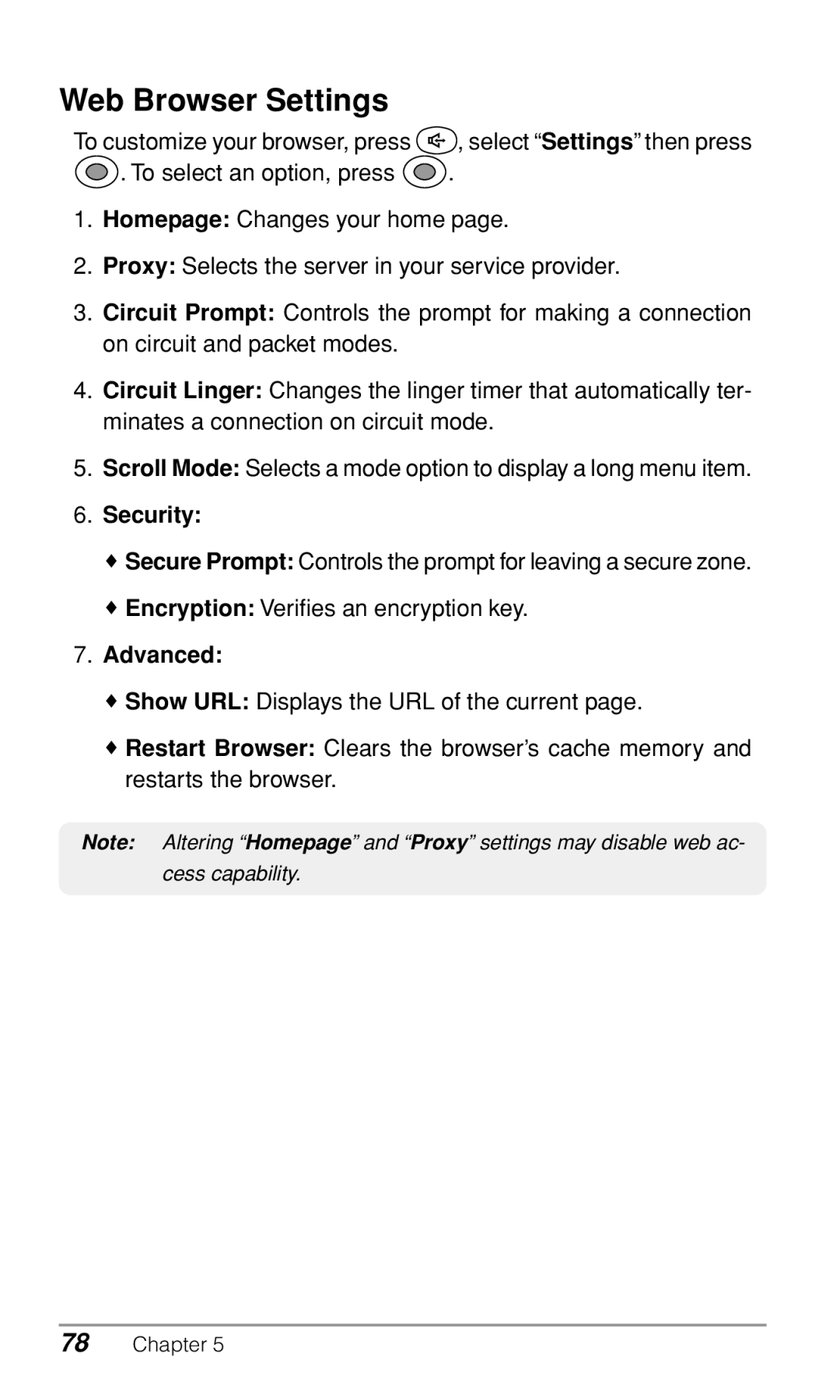 Audiovox CDM-9500 owner manual Web Browser Settings, Security, Advanced 