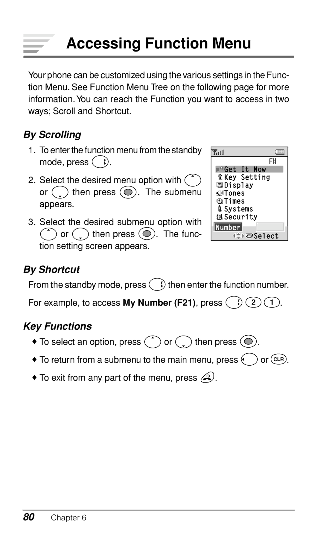 Audiovox CDM-9500 owner manual Accessing Function Menu, By Scrolling, By Shortcut, Key Functions 