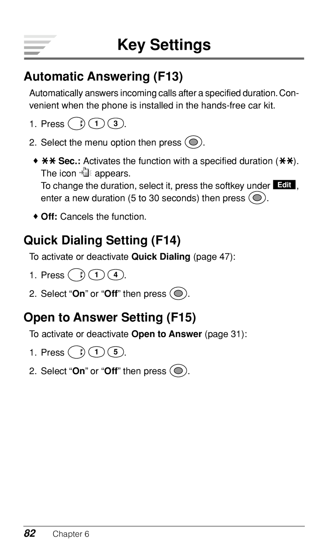 Audiovox CDM-9500 Key Settings, Automatic Answering F13, Quick Dialing Setting F14, Open to Answer Setting F15, Press 