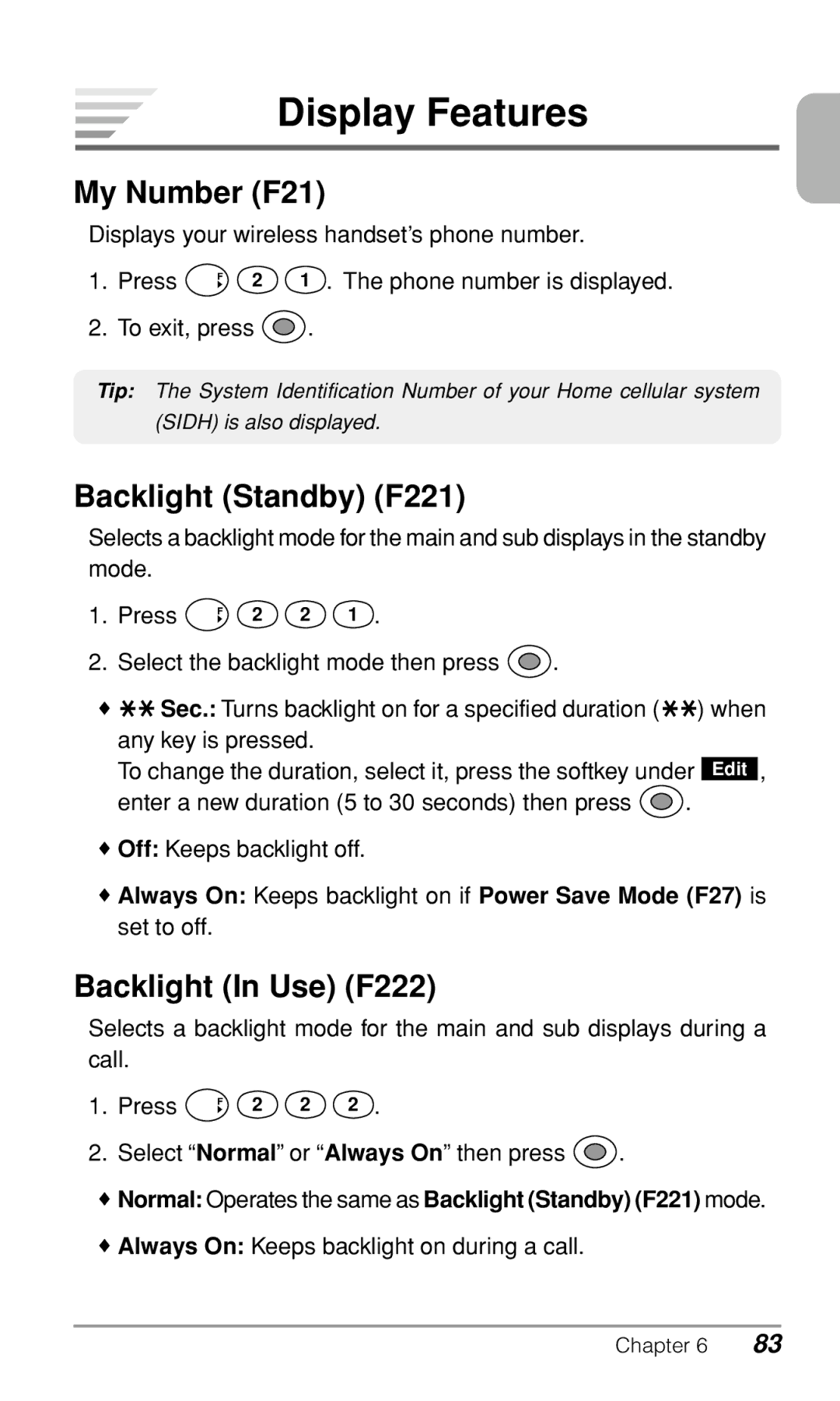 Audiovox CDM-9500 owner manual Display Features, My Number F21, Backlight Standby F221, Backlight In Use F222 