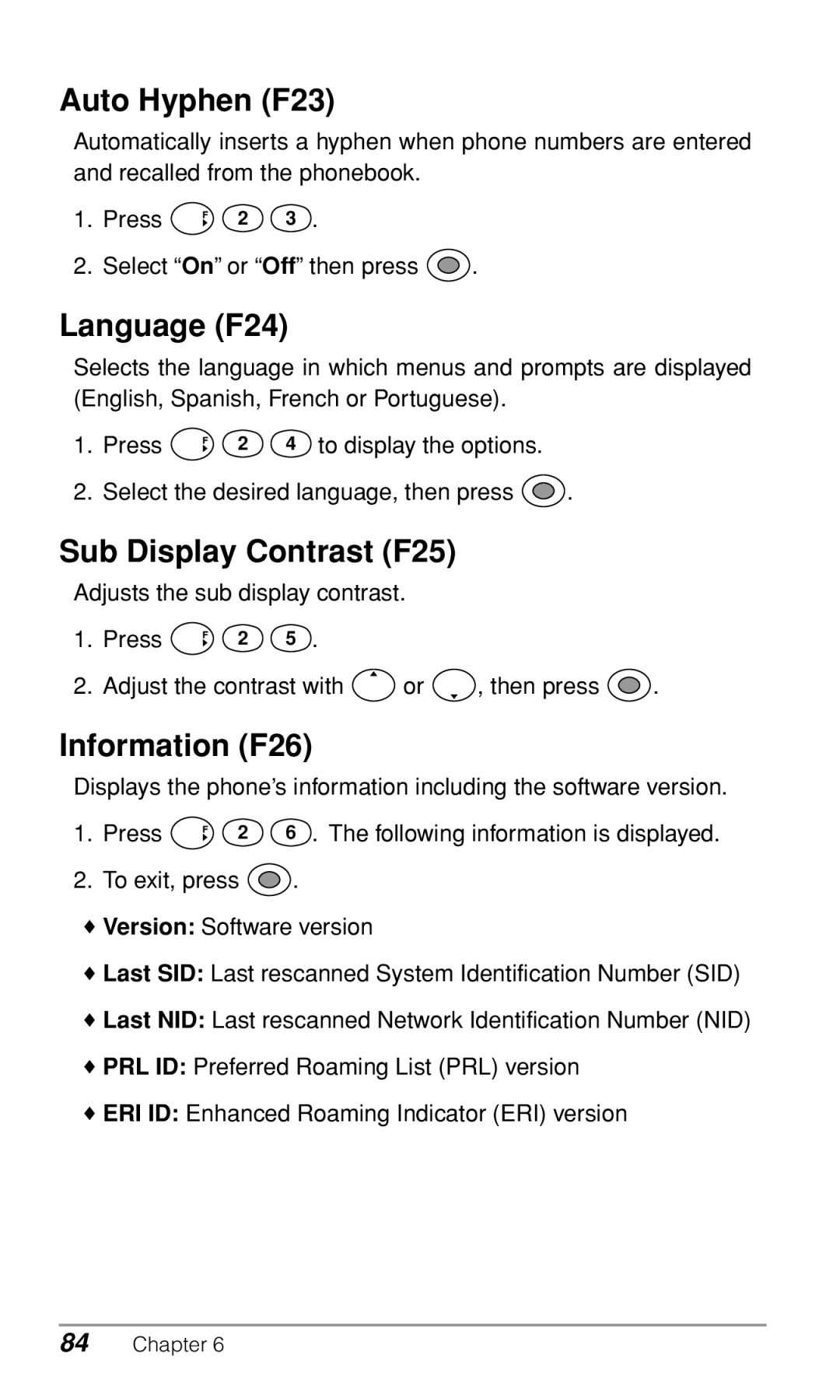 Audiovox CDM-9500 owner manual Auto Hyphen F23, Language F24, Sub Display Contrast F25, Information F26 