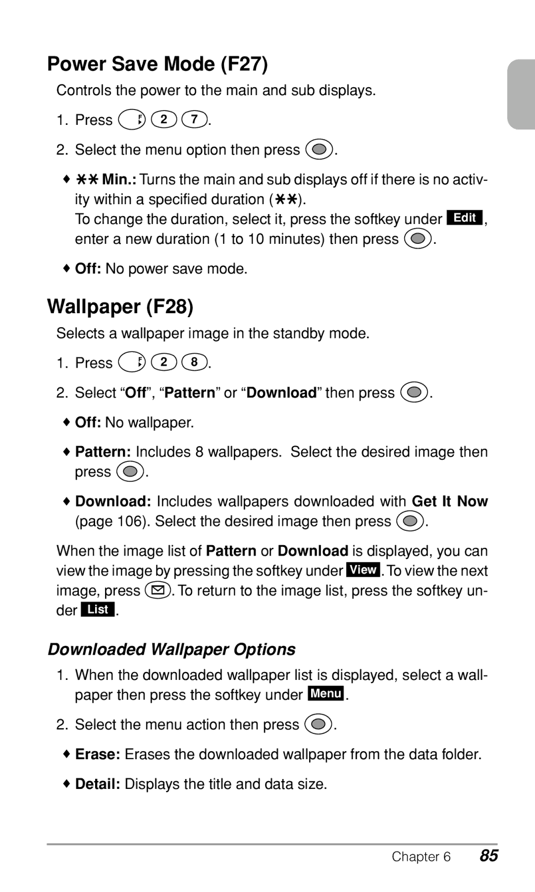 Audiovox CDM-9500 owner manual Power Save Mode F27, Wallpaper F28, Downloaded Wallpaper Options 