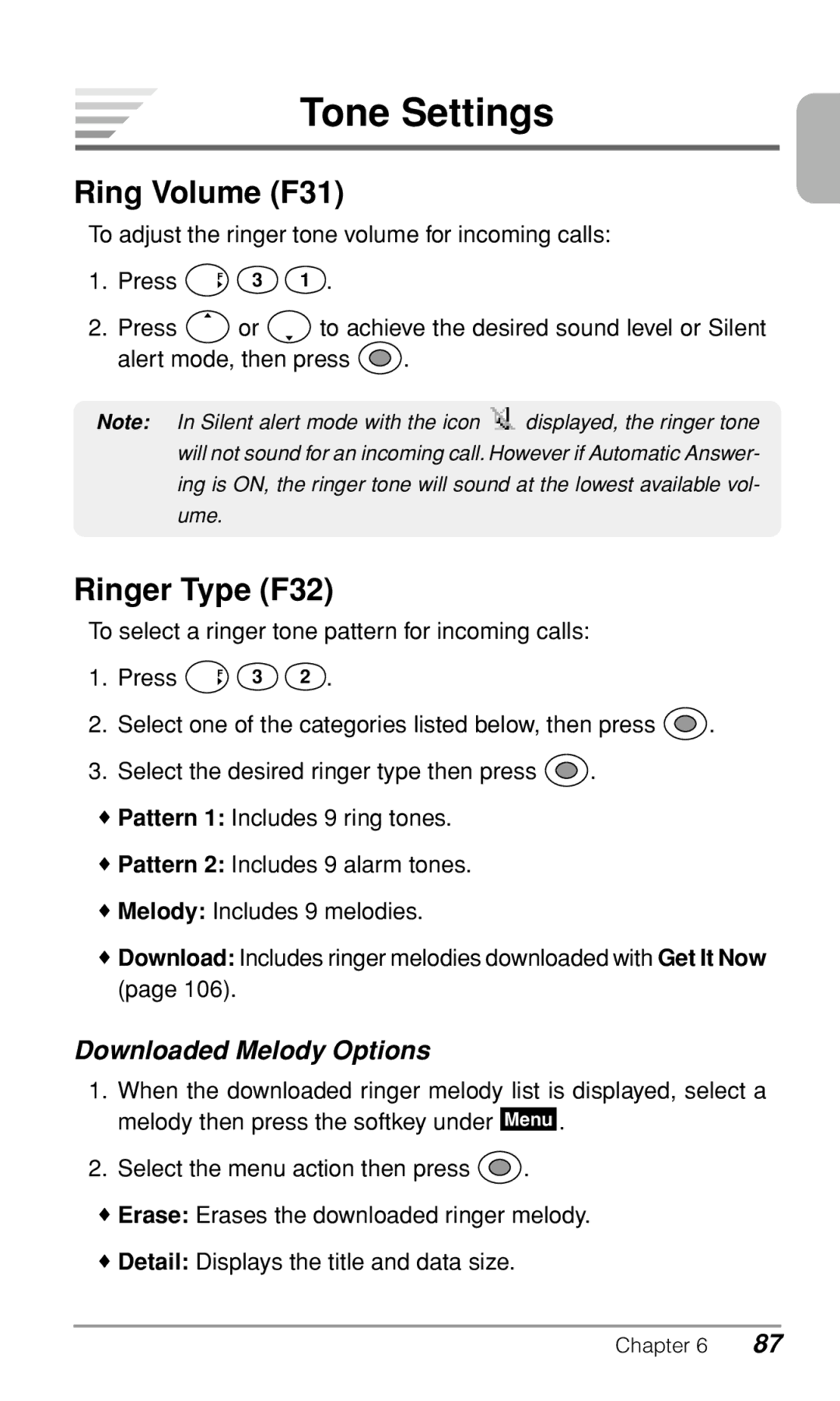 Audiovox CDM-9500 owner manual Tone Settings, Ring Volume F31, Ringer Type F32, Downloaded Melody Options 