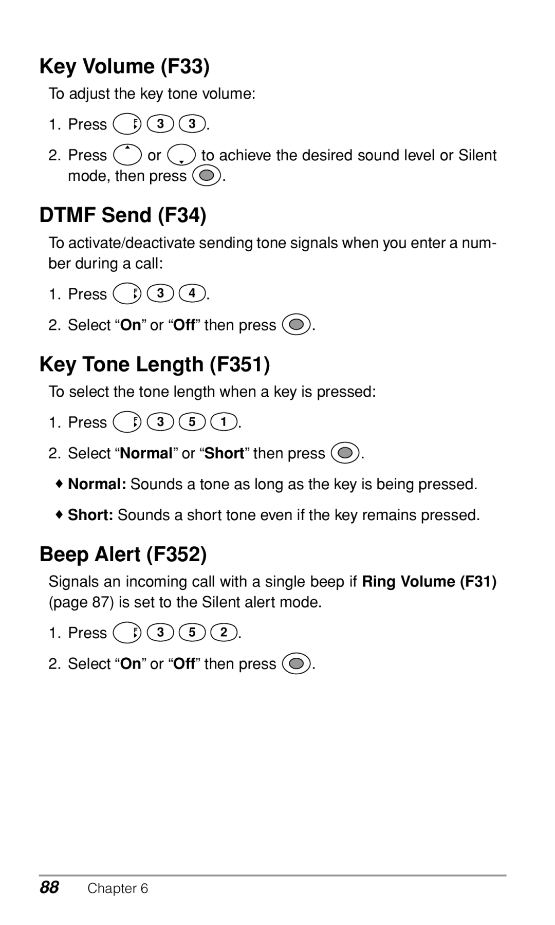 Audiovox CDM-9500 owner manual Key Volume F33, Dtmf Send F34, Key Tone Length F351, Beep Alert F352 