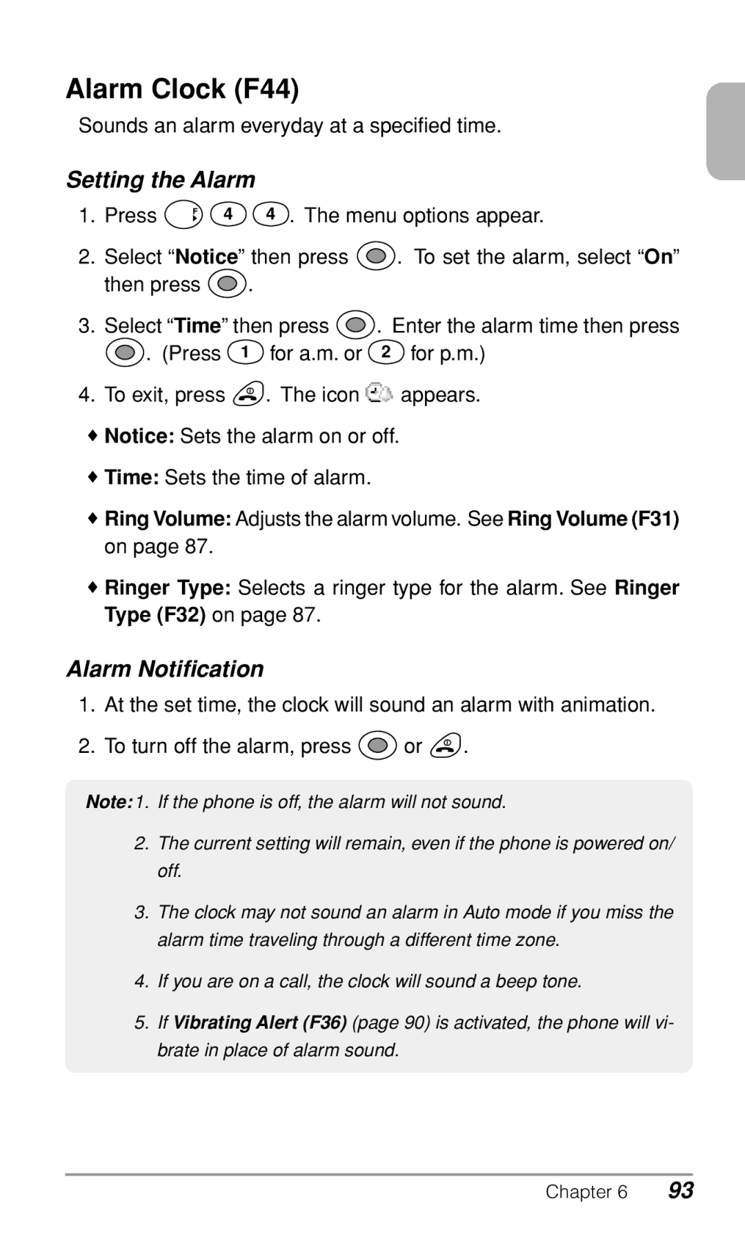 Audiovox CDM-9500 owner manual Alarm Clock F44, Setting the Alarm, Alarm Notification 