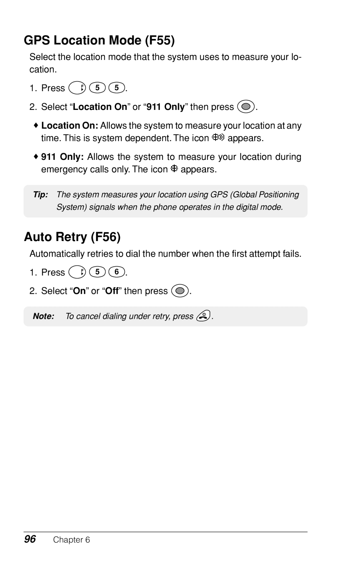 Audiovox CDM-9500 owner manual GPS Location Mode F55, Auto Retry F56 