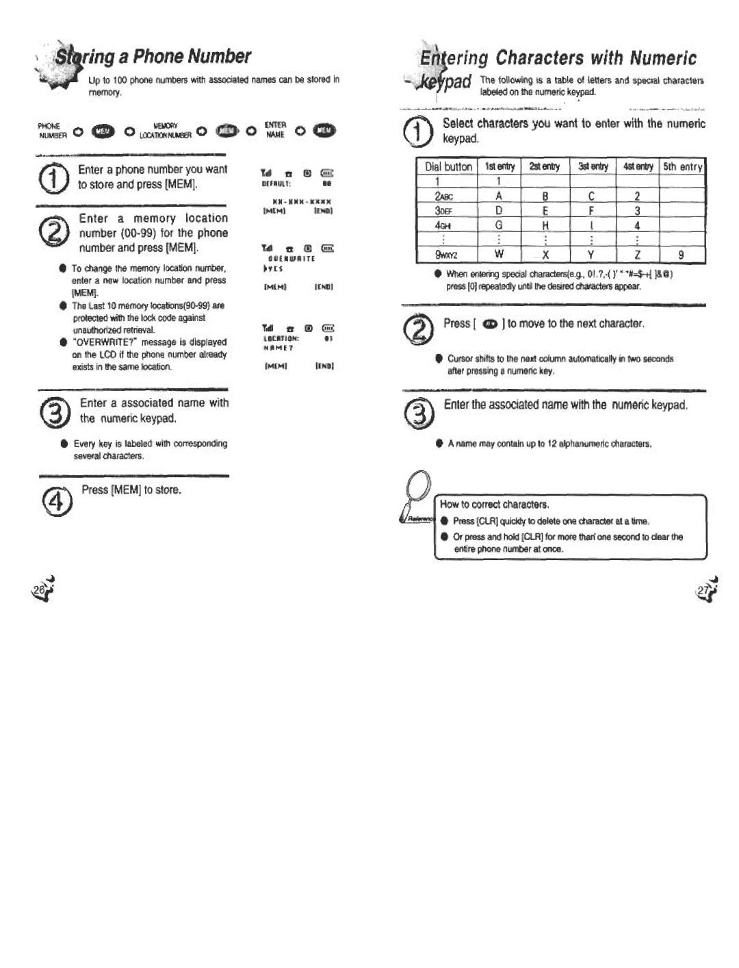 Audiovox CDM120 manual Characters with Numeric, To store and press MEM, Enter a phone numberyou want 