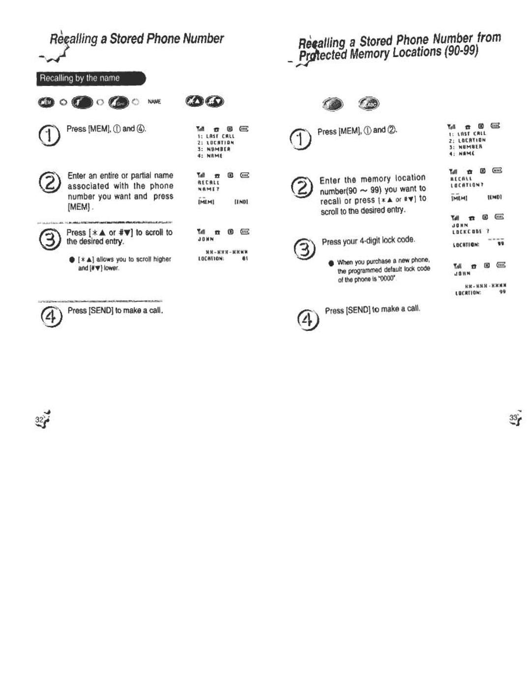 Audiovox CDM120 manual Number, JjJ e ailing a Stored Phone Plj j ecteo Memory Locations, Press SENDto make a call 