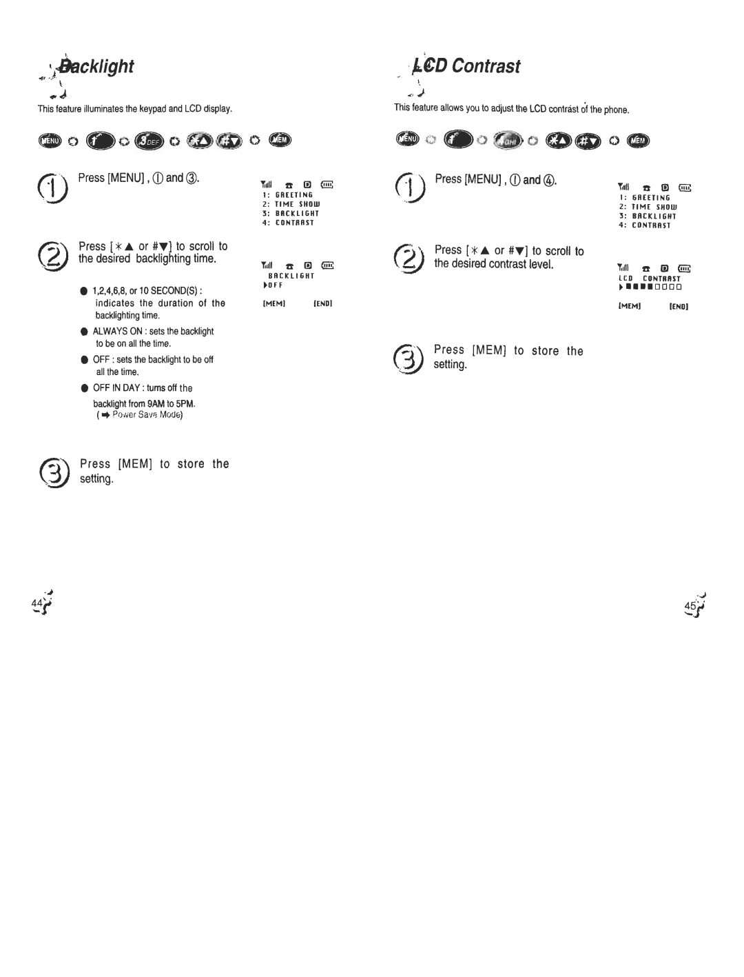 Audiovox CDM120 manual 3 Pre.ss MEM to store the \?-1 setting, Press * or #1 to scroll to, Desired backlightingtime 