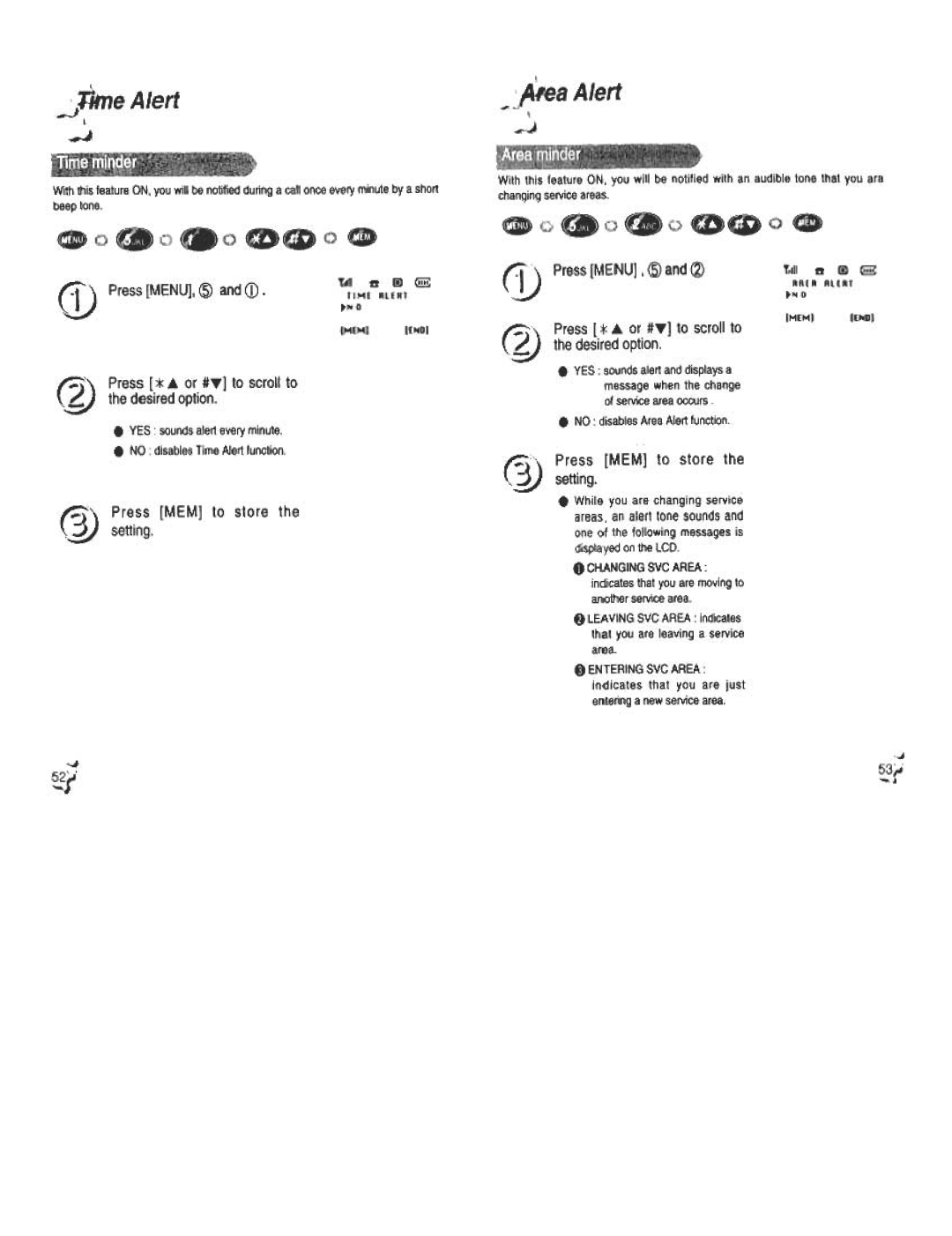 Audiovox CDM120 manual Press Or #T to scroll to \.61 Desired option, Pre.ss MEM to store ~ setting, J1ime Alert 