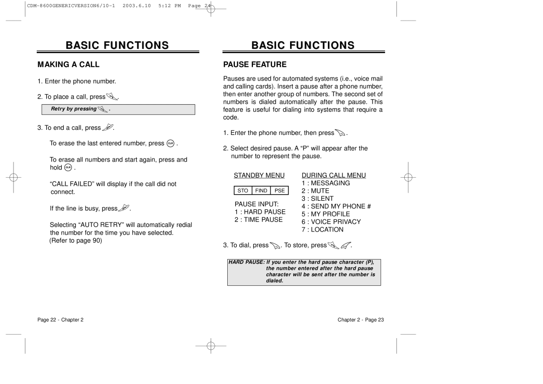 Audiovox CDM8600 owner manual Basic Functions, Making a Call, Pause Feature 