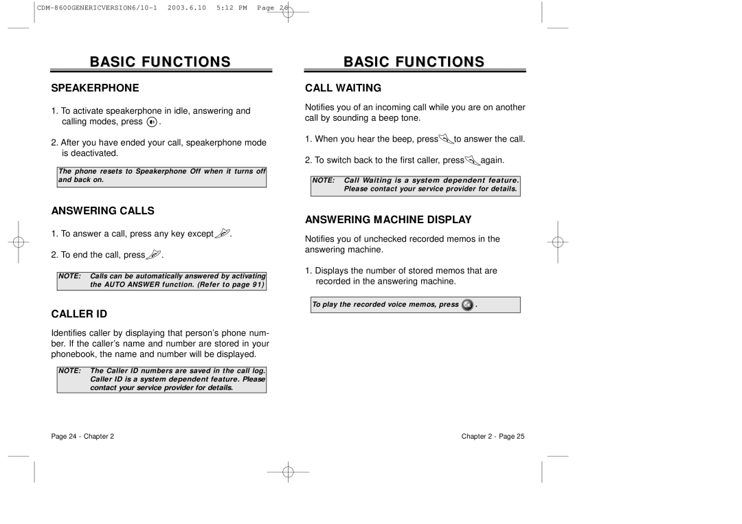 Audiovox CDM8600 owner manual Speakerphone, Answering Calls, Caller ID, Call Waiting, Answering Machine Display 