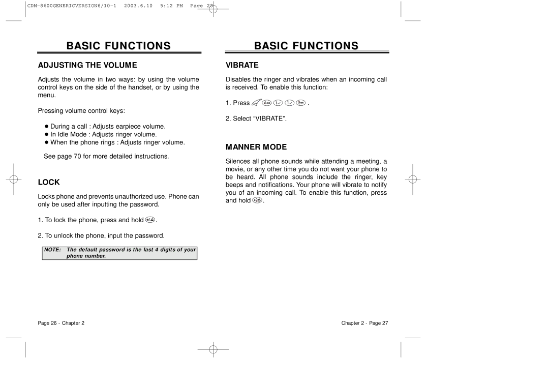 Audiovox CDM8600 owner manual Adjusting the Volume, Lock, Vibrate, Manner Mode 