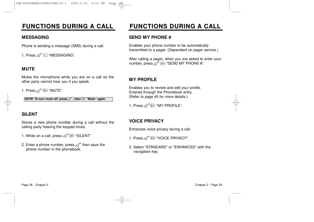 Audiovox CDM8600 owner manual Functions During a Call 