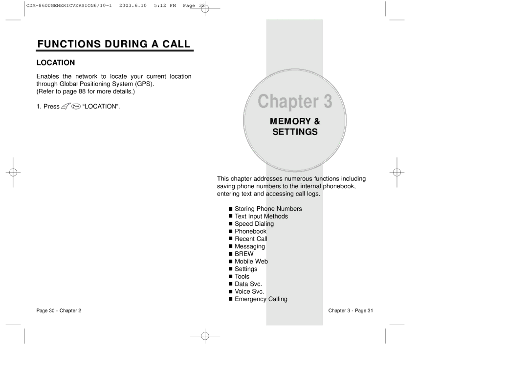 Audiovox CDM8600 owner manual Memory Settings, Location 