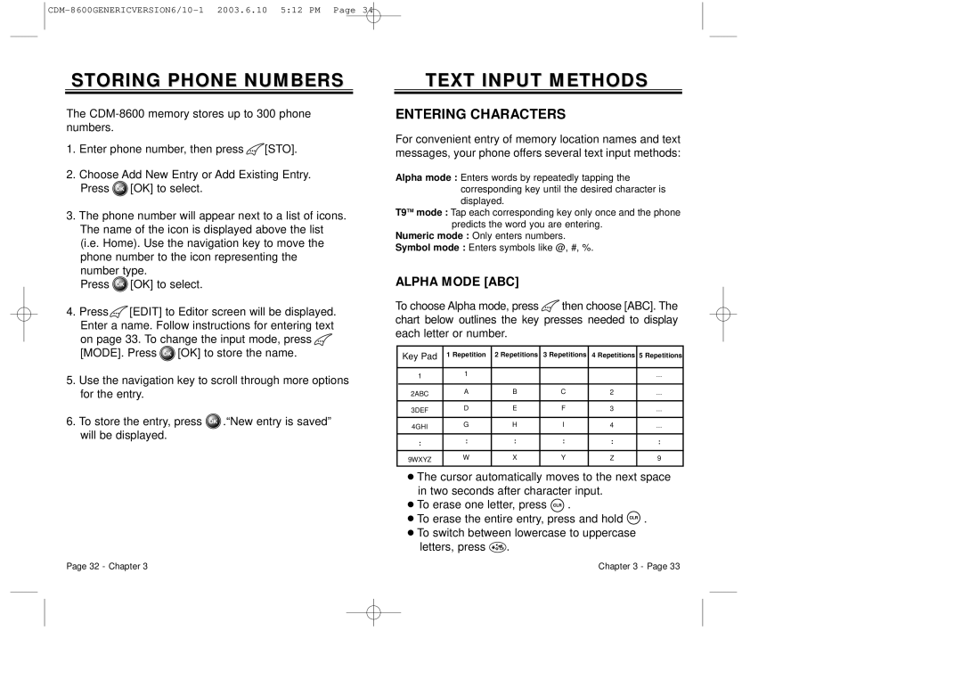 Audiovox CDM8600 owner manual Storing Phone Numbers, Text Input Methods, Entering Characters 