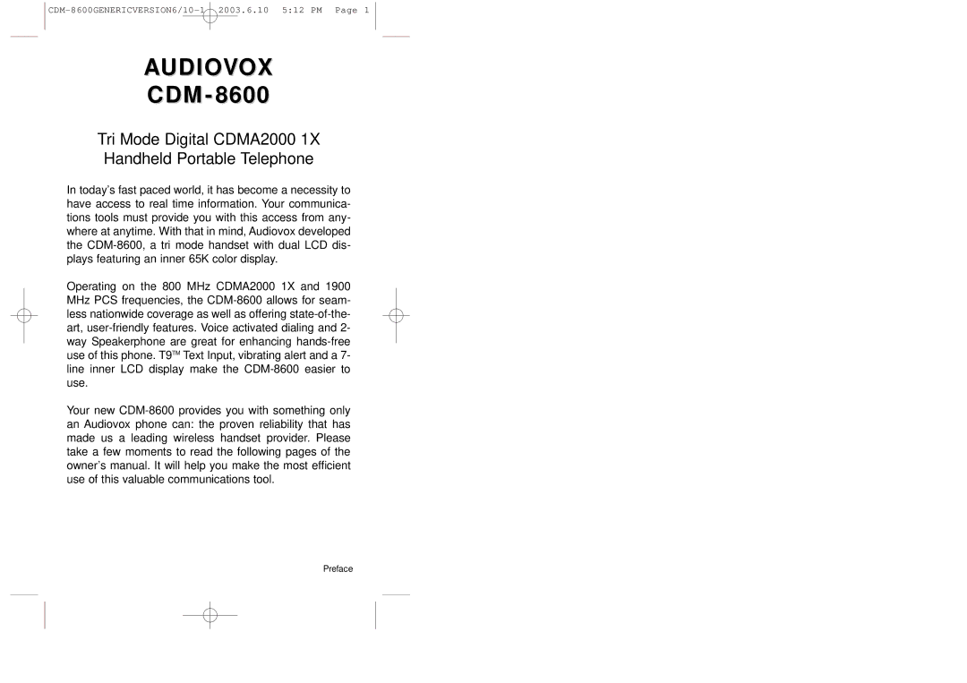 Audiovox CDM8600 owner manual Audiovox 